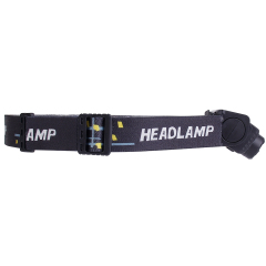 Close-up studio view of the durable black elastic head strap, highlighting the integrated plastic adjustment buckle and clean textile pattern.