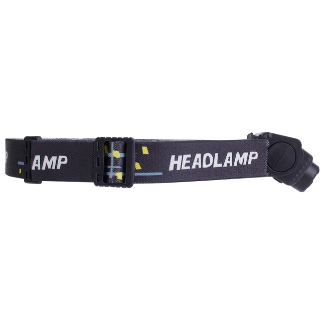 Close-up studio view of the durable black elastic head strap, highlighting the integrated plastic adjustment buckle and clean textile pattern.