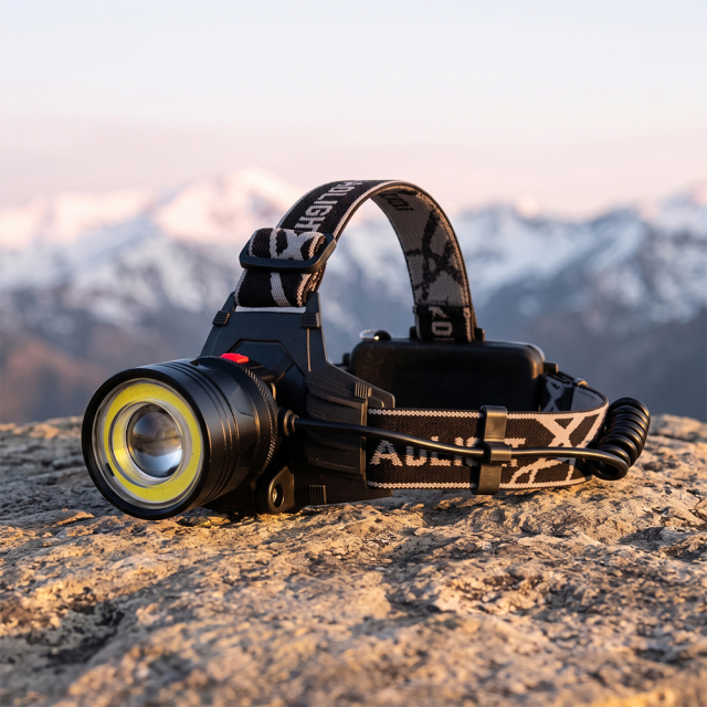 A heavy-duty aluminum T6 and COB LED headlamp with a balanced three-strap headband, positioned on a coarse rock face with a soft-focus background of snowy mountains.