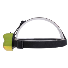 Studio side view profile showing the complete assembly of the kids head torch from the front cartoon module to the back adjustable strap.