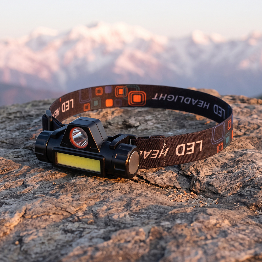 A compact plastic COB and XPE LED headlamp with a patterned elastic headband, sitting on a rugged rock face with a scenic mountain range background.