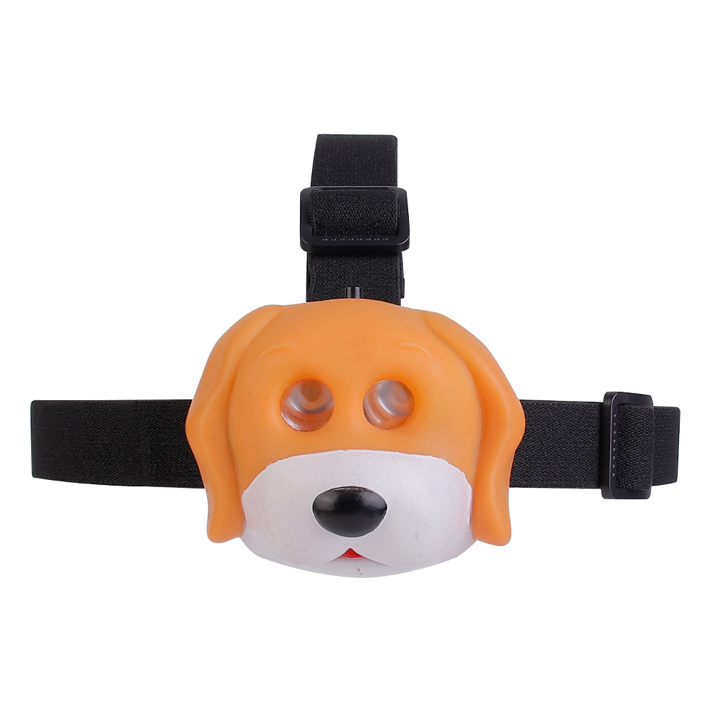 Studio front view of a custom orange and white cartoon dog-shaped head torch with integrated dual lenses in the eyes.