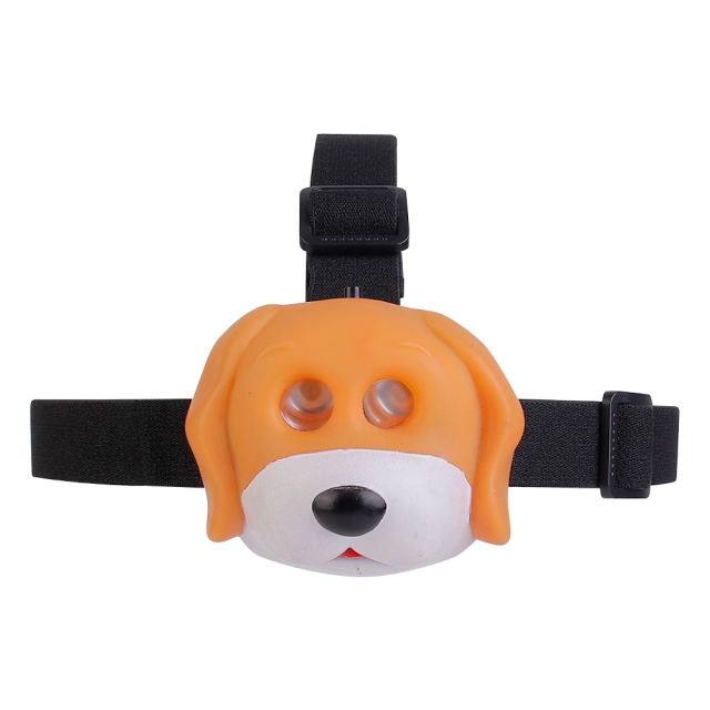 Studio front view of a custom orange and white cartoon dog-shaped head torch with integrated dual lenses in the eyes.