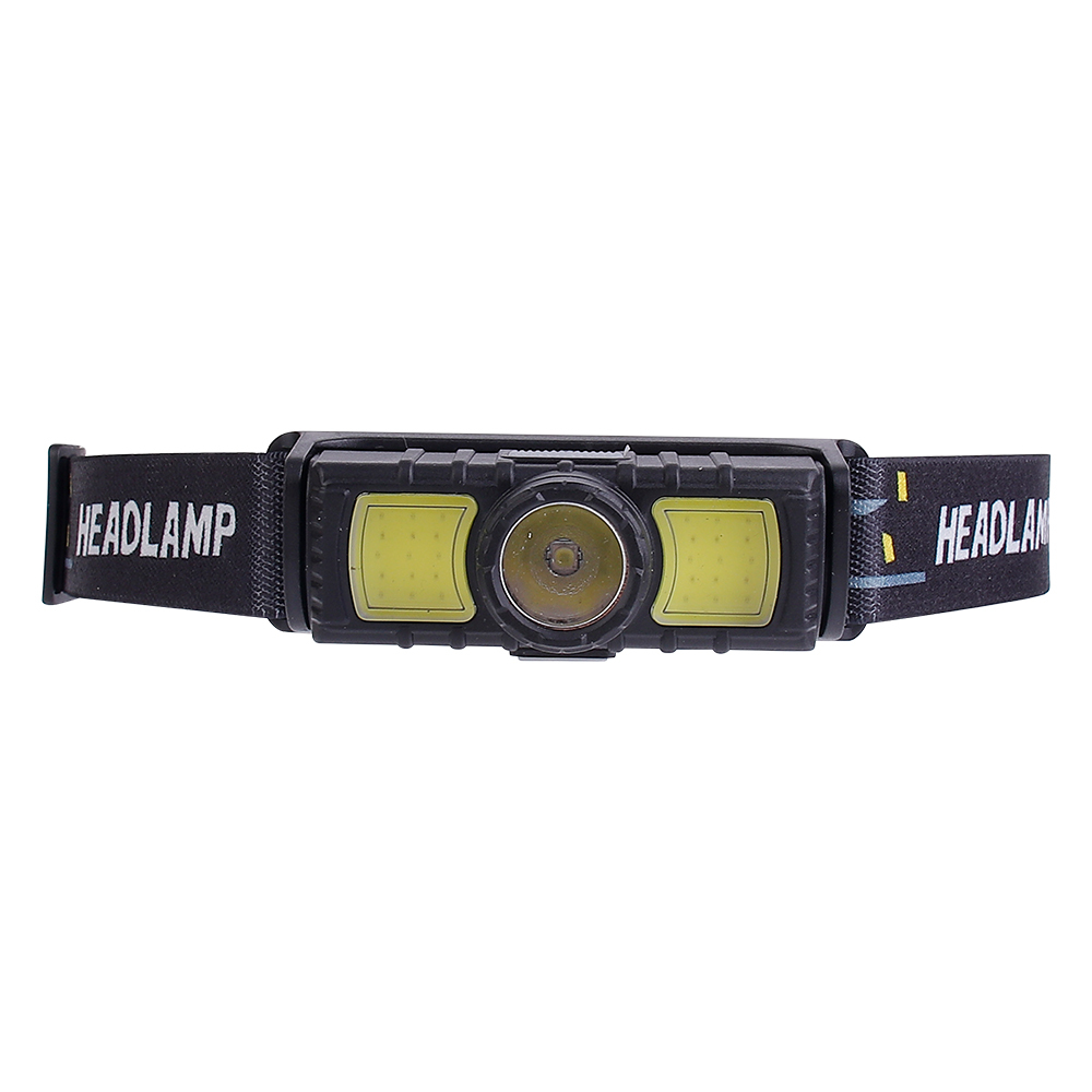 Studio front view of the multi-light headlamp highlighting the central circular XPE main lens flanked by two rectangular COB side panels on a black plastic housing.