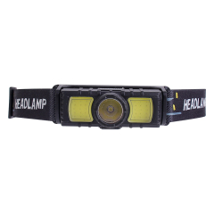 Studio front view of the multi-light headlamp highlighting the central circular XPE main lens flanked by two rectangular COB side panels on a black plastic housing.