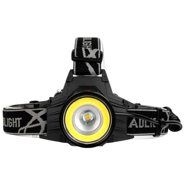 Studio front view of the aluminum headlight, showcasing the large circular T6 main lens surrounded by a distinctive bright yellow concentric COB floodlight ring.