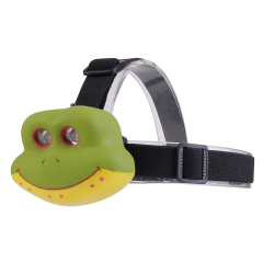 Three-quarter studio view of a green cartoon frog-shaped headlight module mounted on an adjustable elastic black headband.