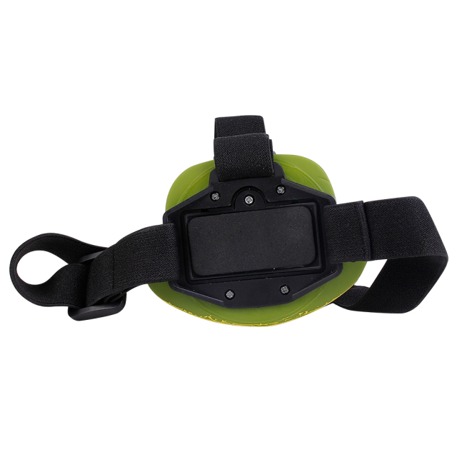 Studio rear view of the headlamp focusing on the flat black plastic battery compartment housing and back padding plate.
