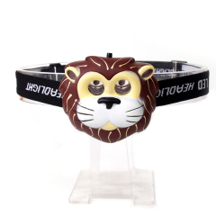 Studio front view of a brown custom cartoon lion-shaped novelty LED head torch on a display stand.