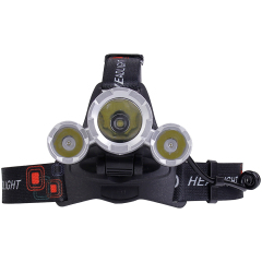 Studio front view of the multi-lens headlight, showcasing a large central main light flanked symmetrically by two smaller secondary round lenses on either side.