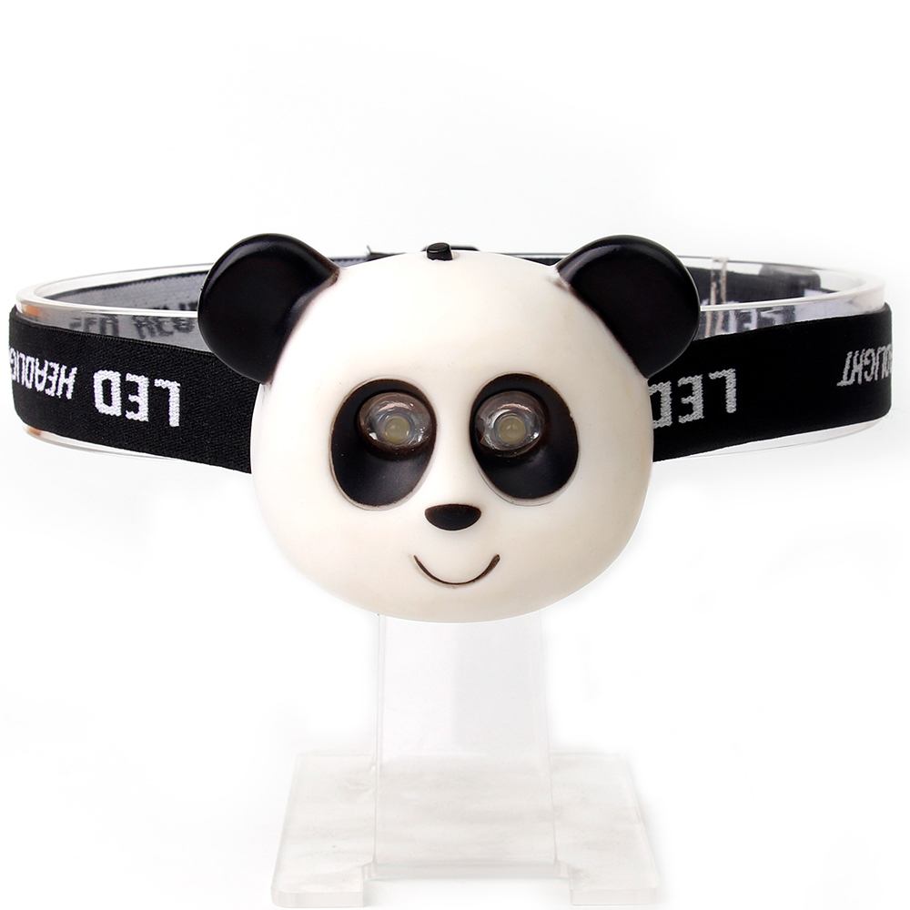 Studio front view of a white and black custom cartoon panda-shaped kids LED head torch displayed on a clear stand.