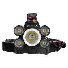 Studio front view of the 5-LED head torch on a white background, highlighting the large central circular lens flanked symmetrically by four smaller side lenses.