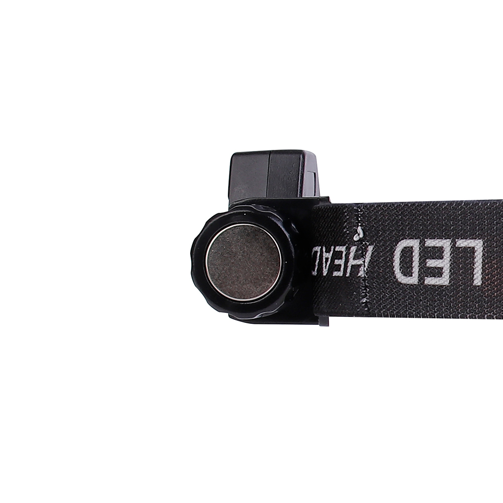 Studio side view close-up focusing on the flat circular utility magnet embedded on the end cap of the cylindrical housing for hands-free stationary mounting.