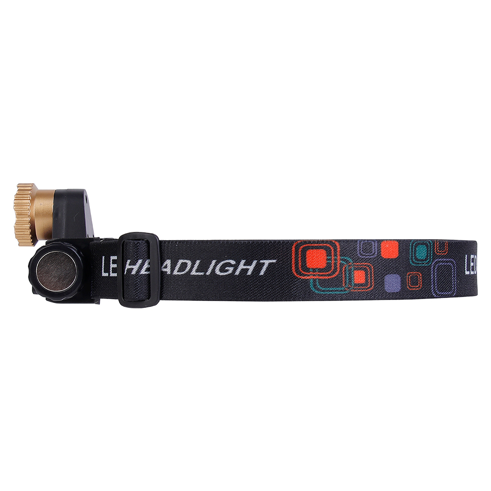 Studio side view of the zoomable head torch layout, illustrating the compact integration of the adjustment mechanism and the textile headband alignment.
