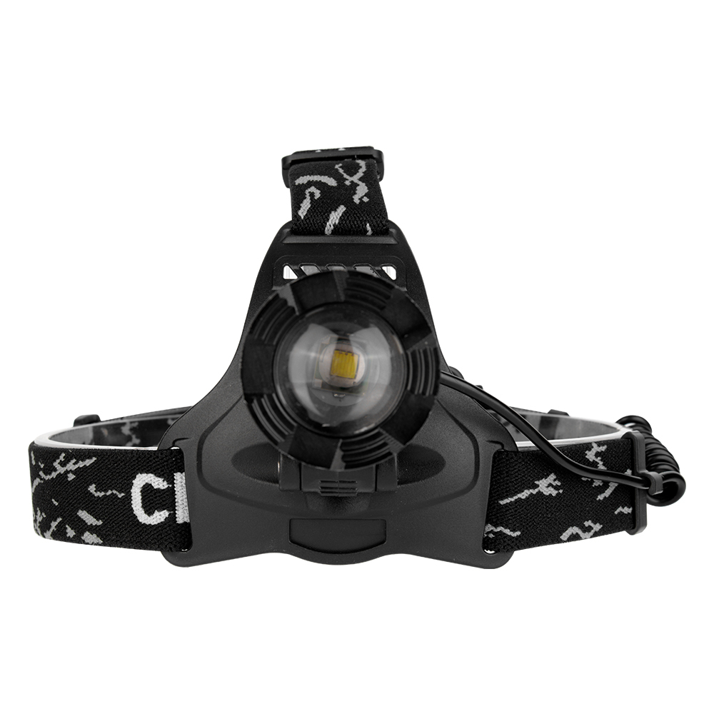 Studio front view of the 10W T6 LED headlight showing the large centered glass lens, deep reflector cup, and patterned black elastic head straps.