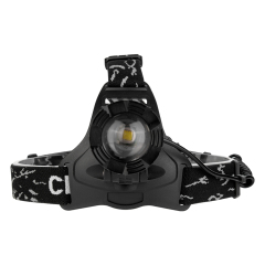 Studio front view of the 10W T6 LED headlight showing the large centered glass lens, deep reflector cup, and patterned black elastic head straps.