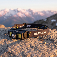 A lightweight ABS XPE and COB LED headlamp with a black elastic headband, positioned on a coarse rock with distant mountain peaks in the background.