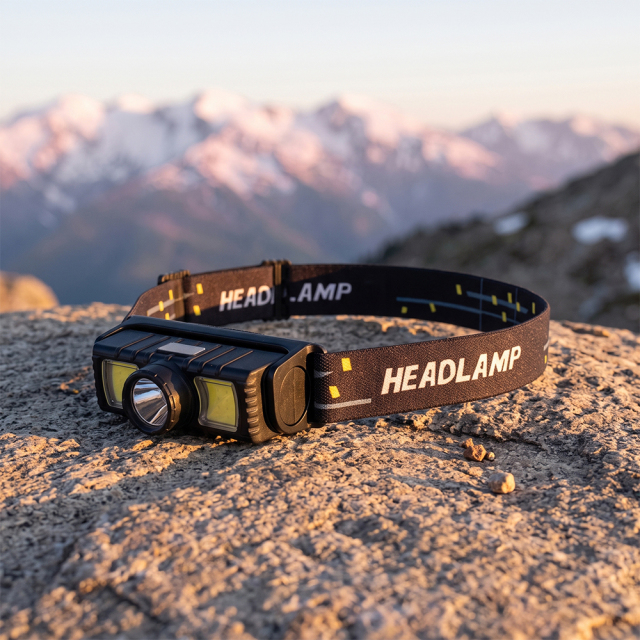A lightweight ABS XPE and COB LED headlamp with a black elastic headband, positioned on a coarse rock with distant mountain peaks in the background.