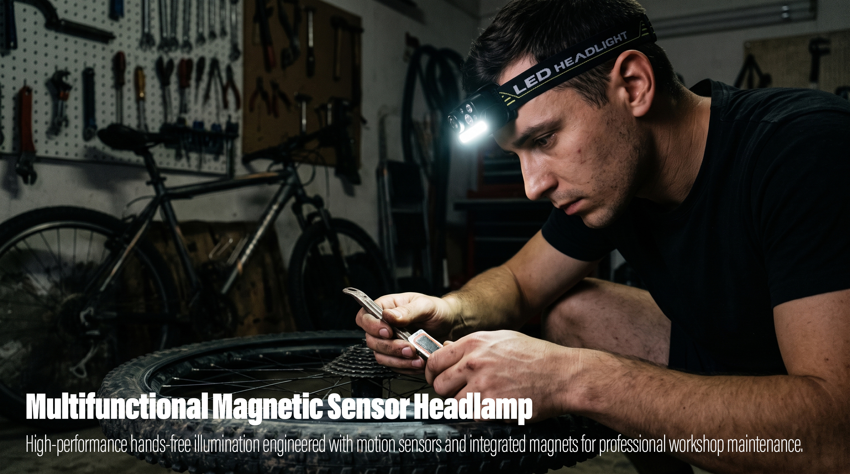 A real-world indoor photo of a mechanic in a garage workshop, using his hands to repair a bicycle tire while wearing a black adjustable headband light that casts a bright beam directly down onto his precise work area.
