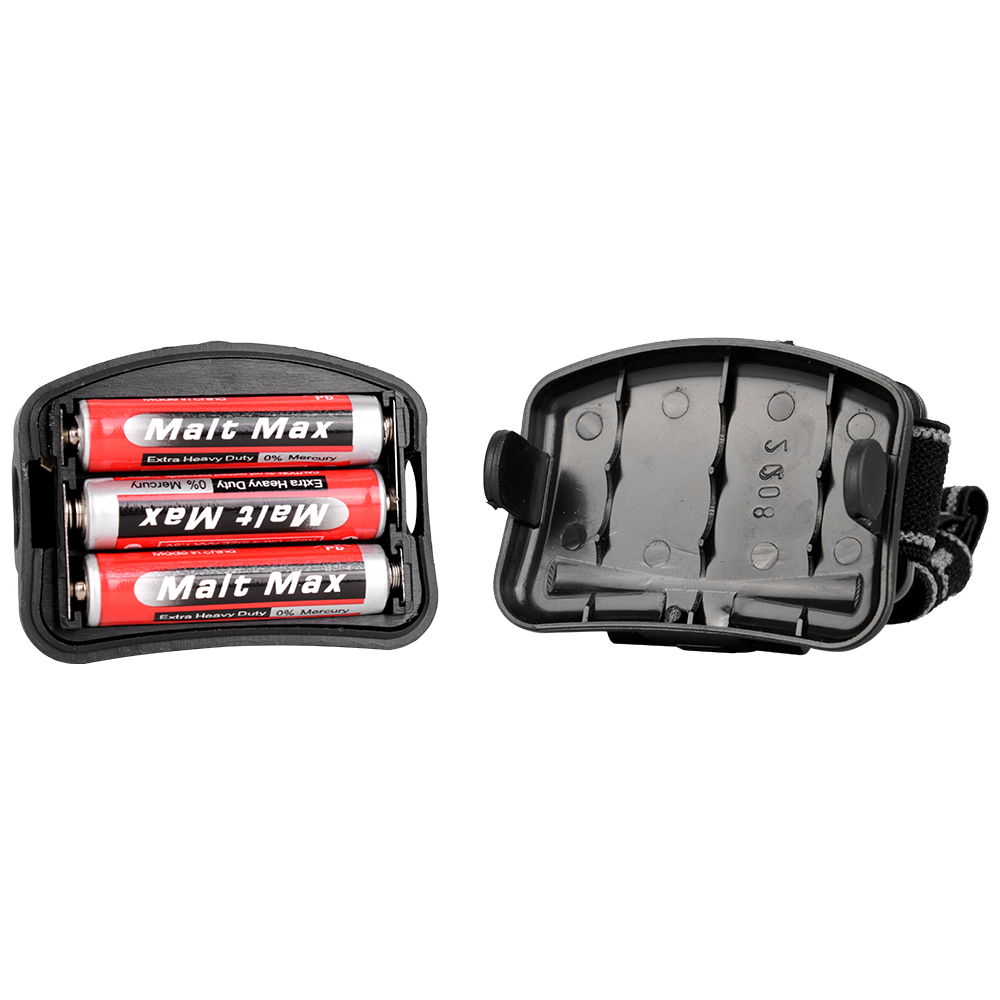 Studio shot displaying the opened rear battery compartment with three red AAA batteries installed on the left, and the detached black plastic cover shown on the right.