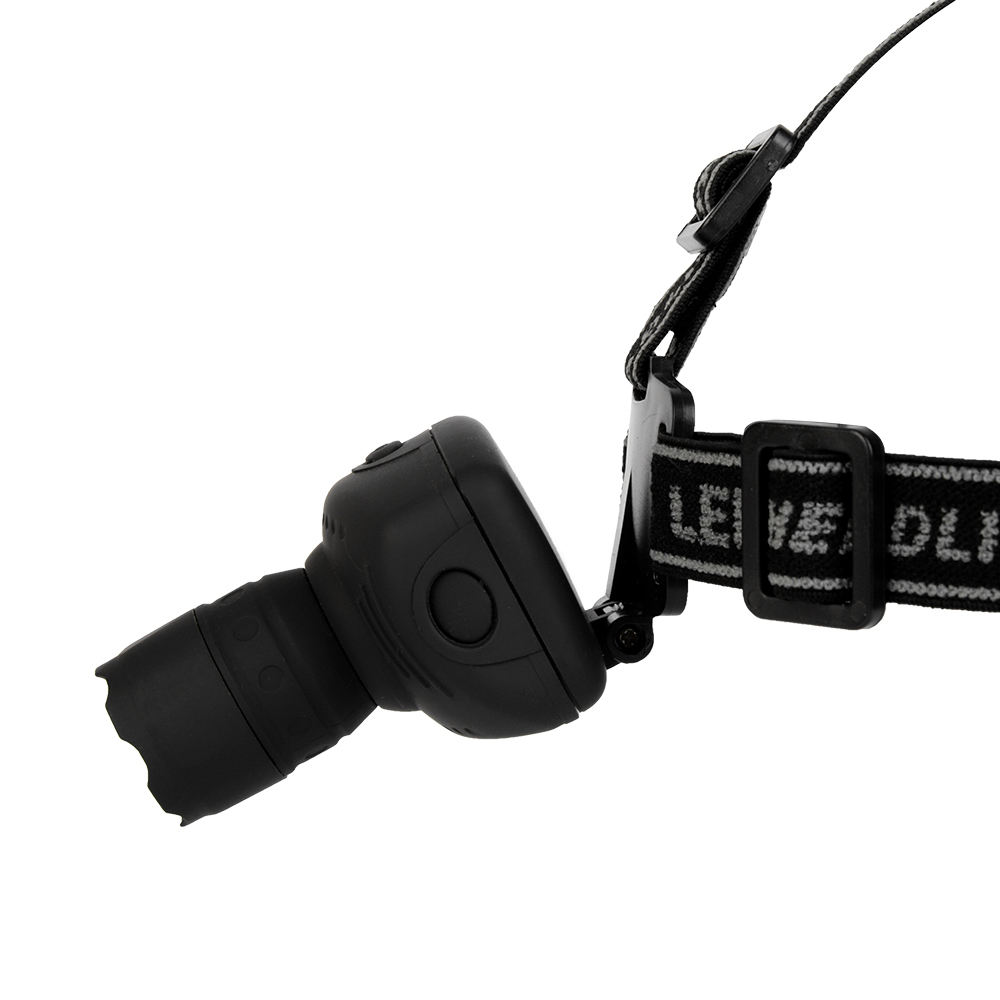Studio side view profile illustrating the downward tilting capability of the black zoomable lens module relative to its vertical headband plate.