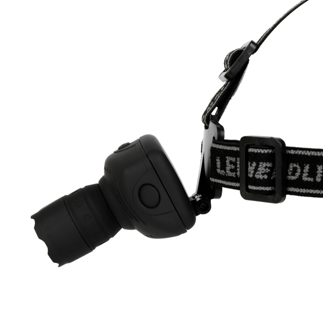 Studio side view profile illustrating the downward tilting capability of the black zoomable lens module relative to its vertical headband plate.