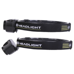 Studio side profile view showing two vertically stacked headlamps to demonstrate the multi-gear downward tilting mechanism of the light body relative to the forehead plate.