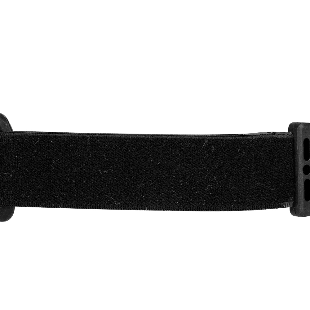 Studio close-up view focusing on the textured black elastic headband strap and its plastic adjustment buckle.