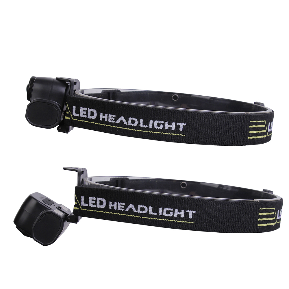 Studio side profile view showing two positions of the headlamp to demonstrate its downward tilting hinge adjustment mechanism relative to the forehead mounting base.