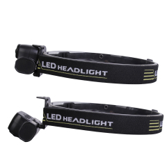 Studio side profile view showing two positions of the headlamp to demonstrate its downward tilting hinge adjustment mechanism relative to the forehead mounting base.