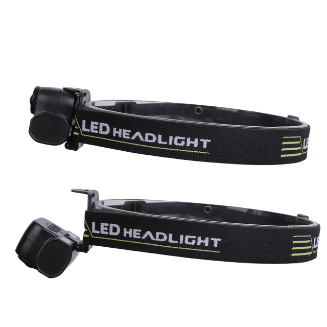 Studio side profile view showing two positions of the headlamp to demonstrate its downward tilting hinge adjustment mechanism relative to the forehead mounting base.