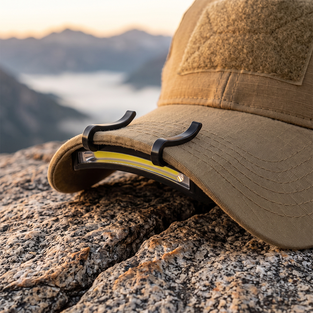 A real-world outdoor lifestyle photo of a black curved COB LED caplight clipped securely onto the brim of a tan tactical cap, resting on a rugged rock surface with hazy mountains in the background.