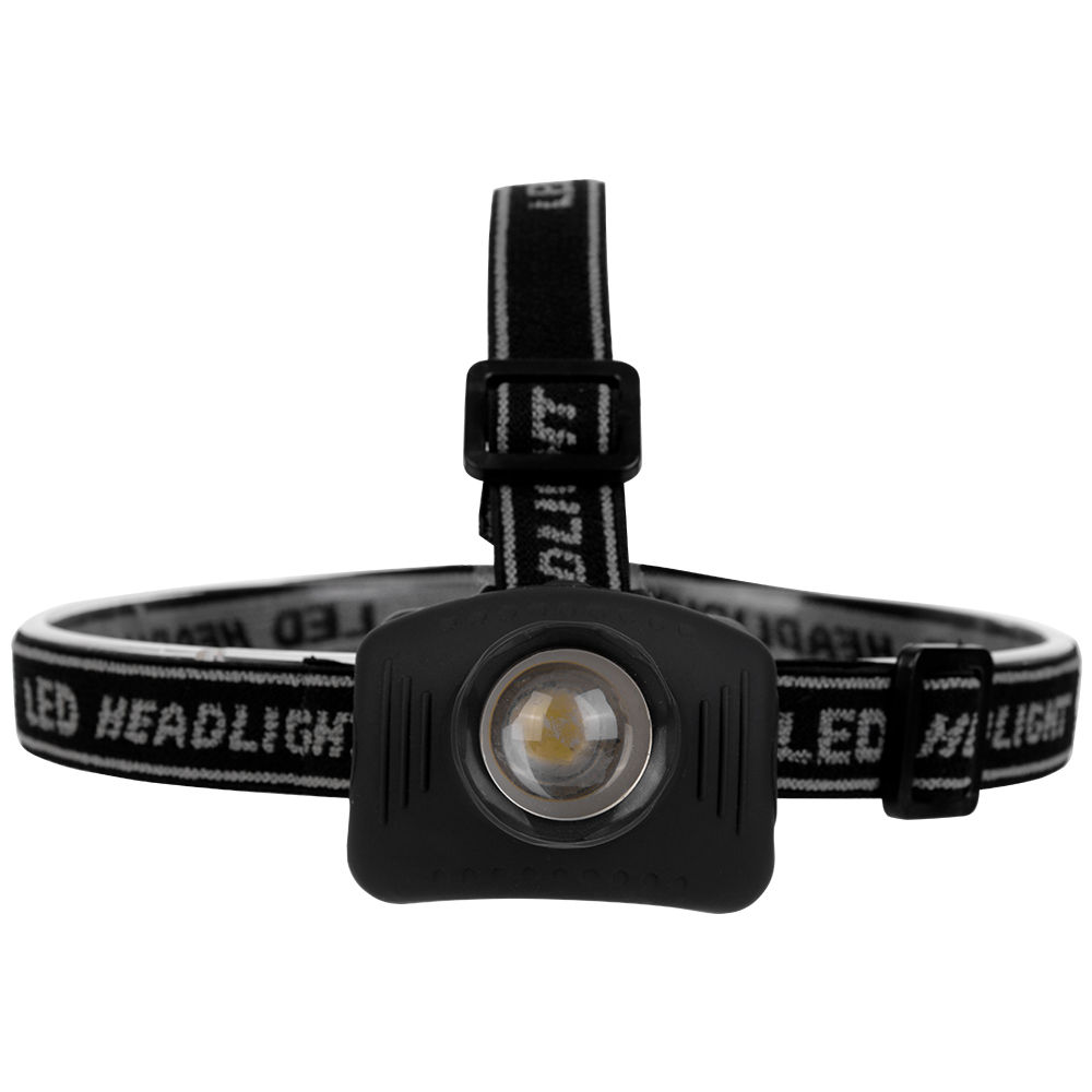 Studio front view of a compact black headlamp with a single central circular zoom lens module, mounted on an adjustable black elastic headband.