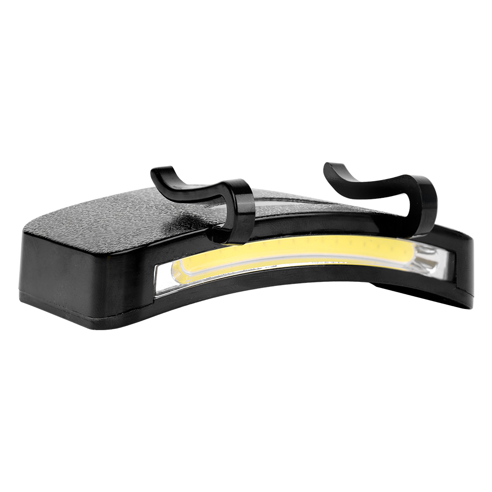 Studio front-facing view of the black curved caplight on a white background, highlighting the arc-shaped COB light strip and the dual attachment clips on top.