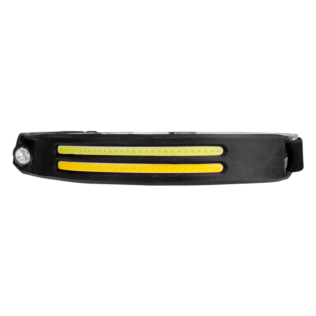 Studio direct front horizontal view of the dual-strip headlamp on a white background, highlighting the two identical parallel yellow COB light tracks.