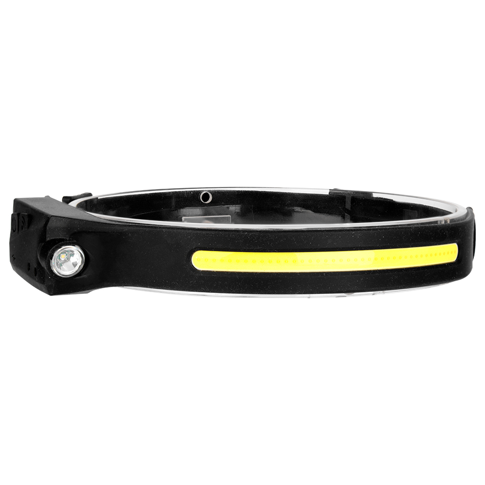 Studio three-quarter angled view of the single-strip silicone head torch, showcasing the side XPE spotlight lens and the curve of the flexible head band.