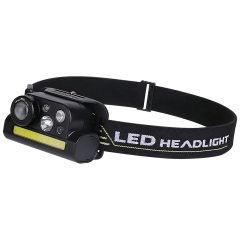 Studio three-quarter perspective view of the black head torch, showcasing the thickness of the multi-light housing and the adjustable elastic headband with printed text.