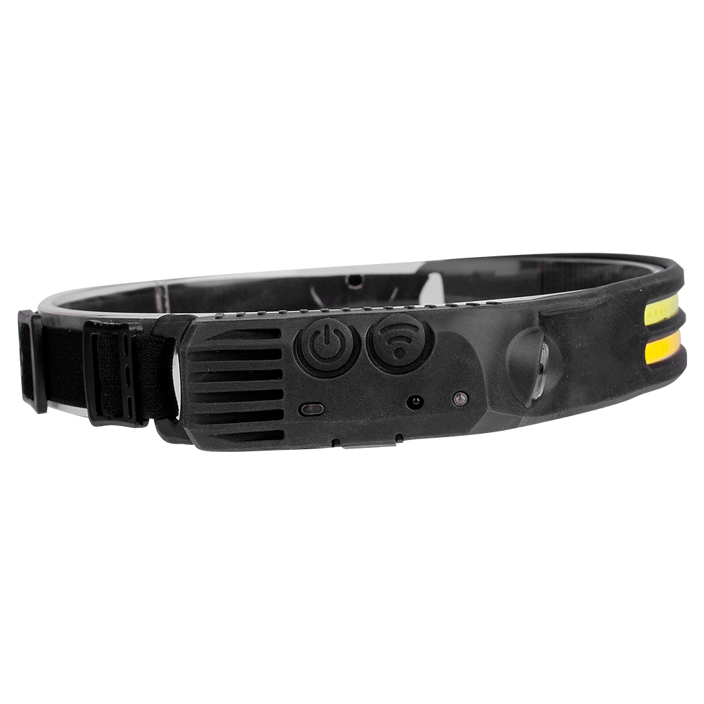 Studio side-rear view of the dual-strip headlamp, detailing the textured black ABS battery compartment with power symbols and sensor markings.
