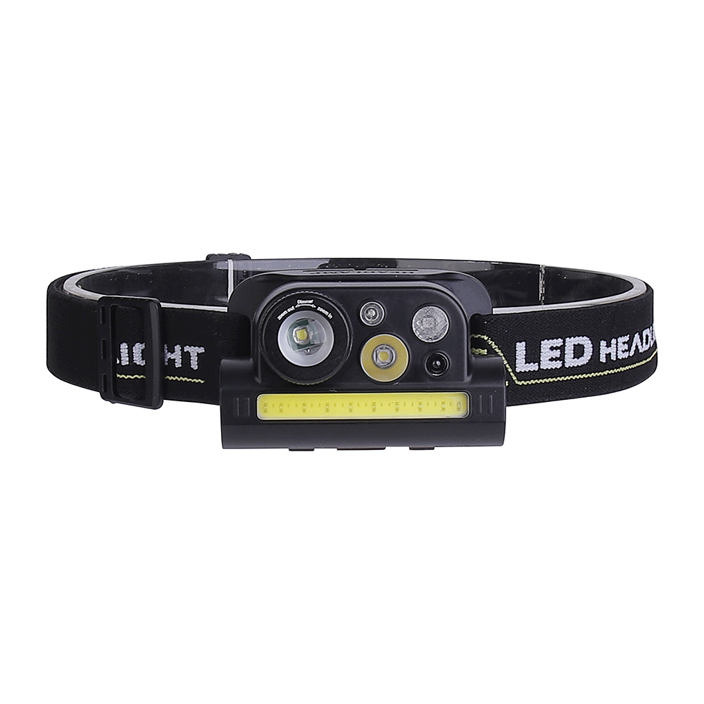 Studio front view of the black multi-LED headlamp on a white background, displaying the spotlight lenses, sensor diodes, and the wide horizontal COB light strip on the main module.