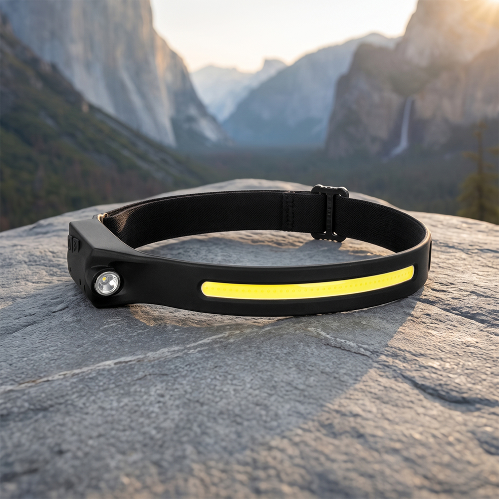 A real-world outdoor lifestyle photo of a black single-strip silicone COB LED headlamp resting on a flat stone surface with a mountain range valley under daylight in the background.