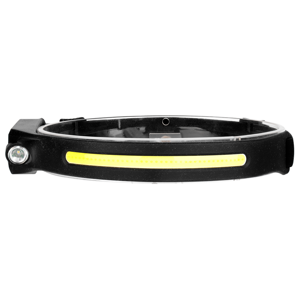 Studio front view of the single-strip COB LED headlamp on a white background, displaying the smooth black silicone band and the central yellow COB light strip.