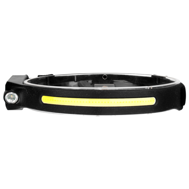 Studio front view of the single-strip COB LED headlamp on a white background, displaying the smooth black silicone band and the central yellow COB light strip.