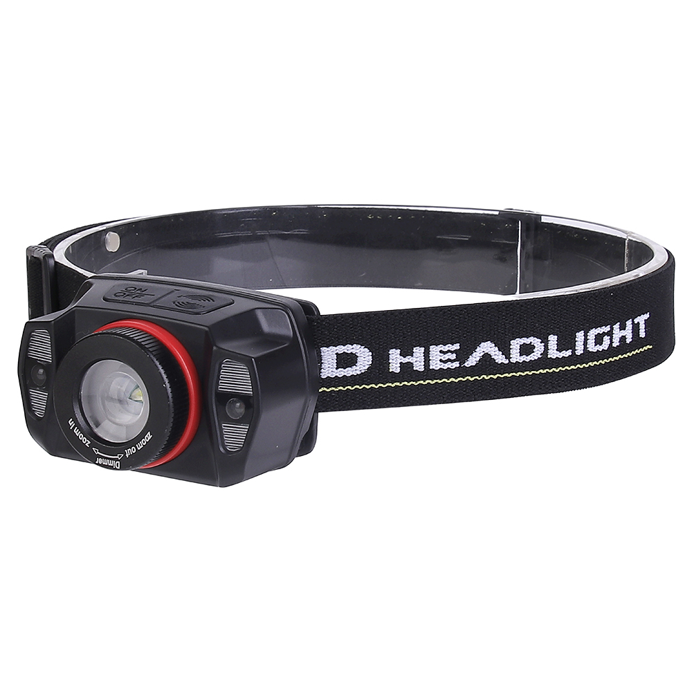Studio three-quarter perspective view of the black sensor headlamp, showcasing the profile of the main casing, the red accent ring, and the adjustable black elastic headband with printed text.