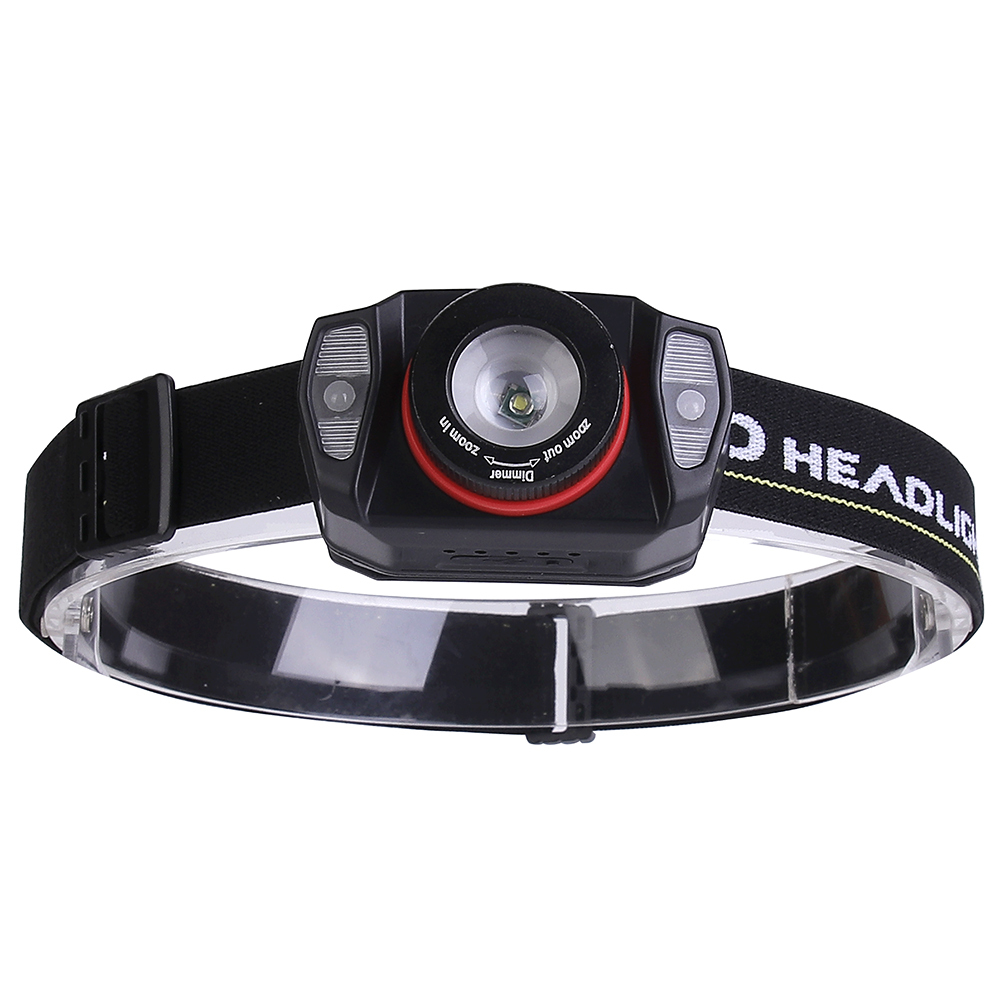 Studio front view of the black LED head torch on a white background, highlighting the central main lens with a red border, flanked by smaller side LEDs and sensor indicators.