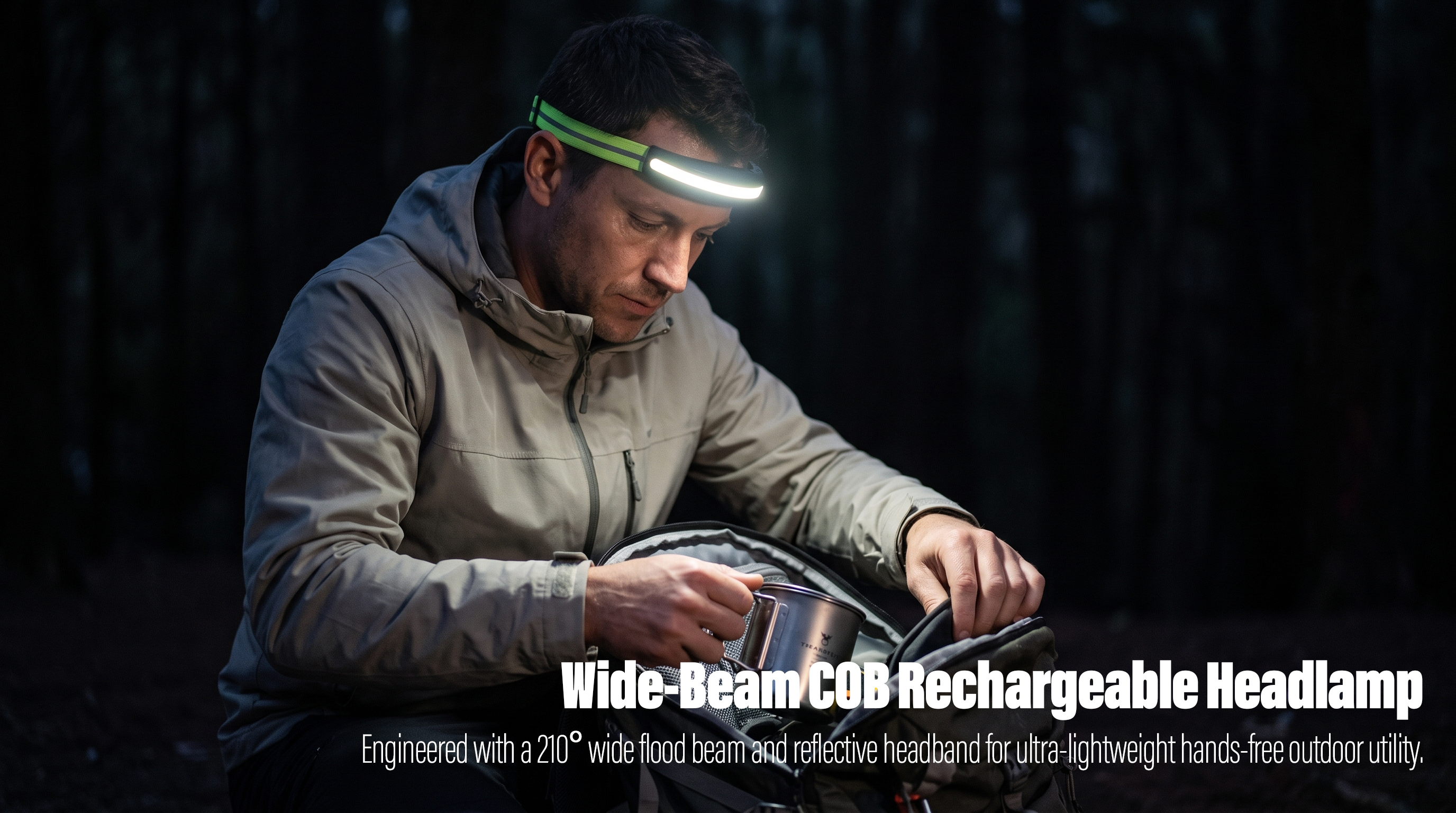 A real-world outdoor night photo of a man in a gray hooded jacket kneeling to pack a dark backpack, holding a metal camping mug, while his lightweight horizontal COB LED headlamp with a high-visibility reflective green stripe band illuminates the bag's interior.