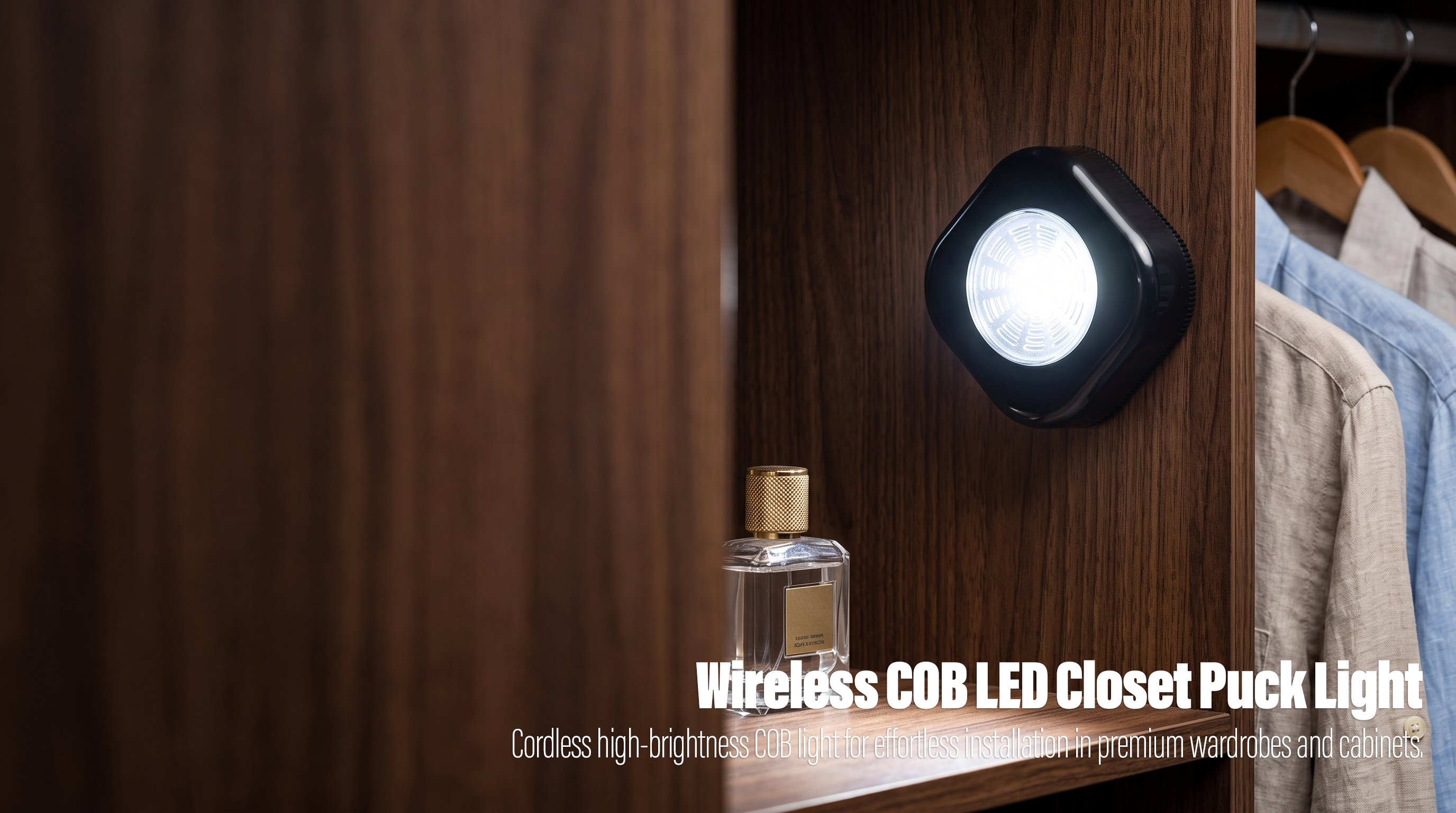 An illuminated black rounded-square LED cabinet light mounted vertically on a dark wood panel inside a closet, with a glass perfume bottle on the shelf and hanging clothes in the background.