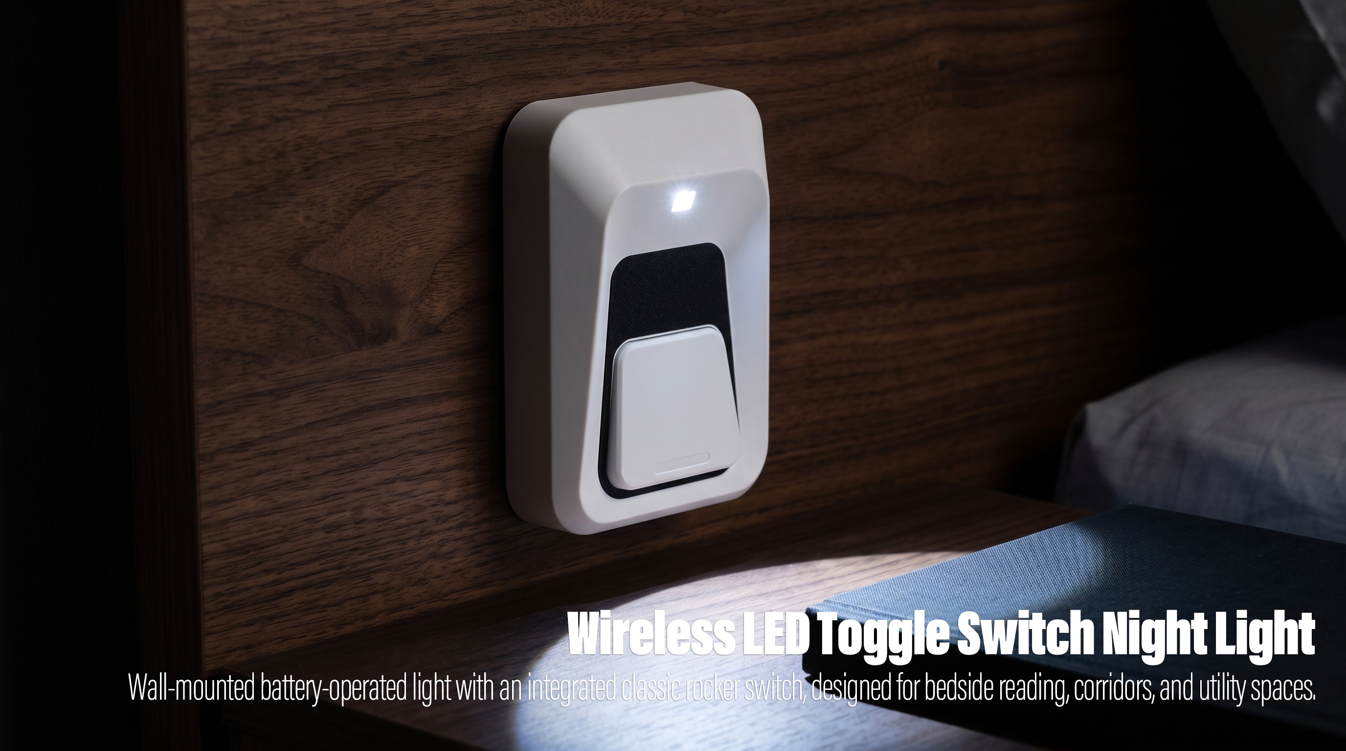 A real-world bedroom lifestyle photo of a white rectangular wireless LED night light with a large prominent rocker switch mounted vertically on a dark wooden headboard, casting a concentrated spotlight down onto a closed book resting on a bedside table.