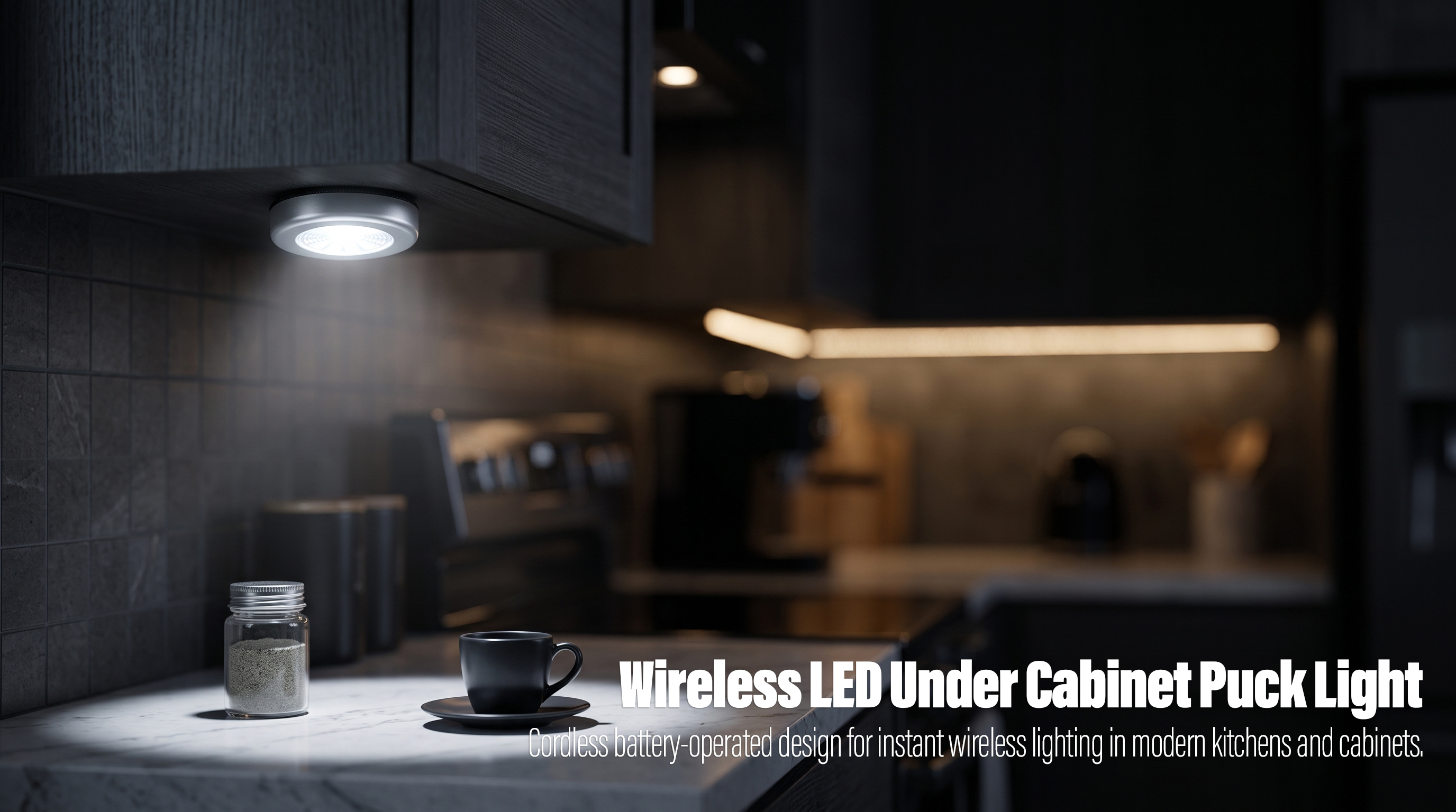 An illuminated silver round LED puck light mounted underneath a dark kitchen cabinet, casting a bright beam of light down onto a black coffee cup and a glass spice jar on a marble countertop.