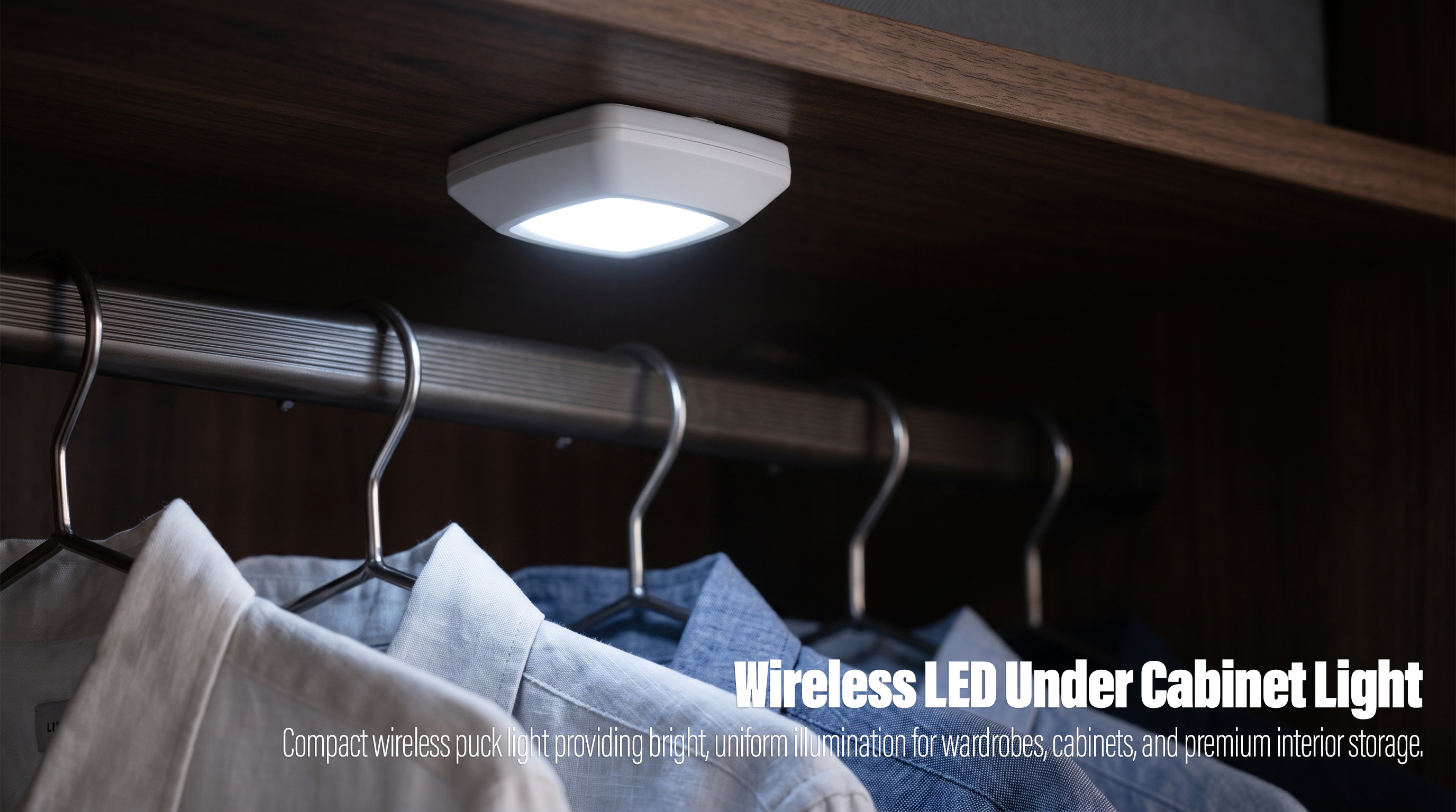 A real-world interior application photo of a square white wireless LED puck light mounted underneath a dark wooden wardrobe shelf, casting a bright white downlight onto neatly arranged shirts on hangers.