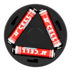 Studio view of the open battery compartment inside the back of the closet light, showing three AAA batteries installed in a triangular layout.